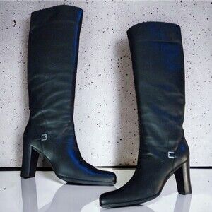 SERGIO ROSSI Vintage Knee High Leather Block Heeled Boots, Black, Size 37